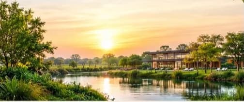 Artistic impression of the Arvind Metal clubhouse beside a natural pond at sunset
